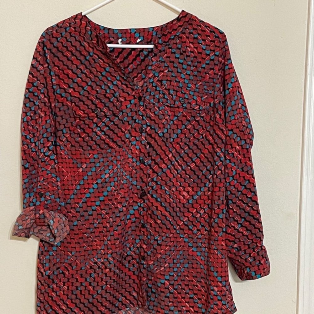 Button Down Tab Sleeve Blouse